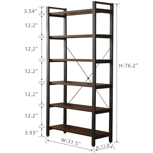 Rustic Brown 6-Tier Solid Wood Industrial Bookcase with Metal Frame WH-AOERPUMY