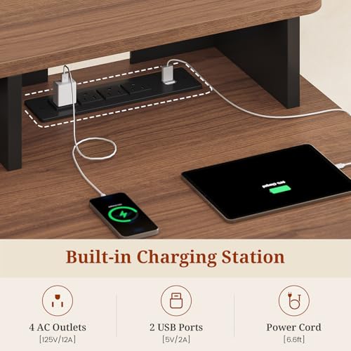 Standing Desk Adjustable Height, 70" Executive Electric Office Desk, Sit Stand Computer Desk with Storage Drawer, Power Outlets, Led Lights, Monitor Stand, Printer Space, Pegboard Black&Walnut UPOSOJA
