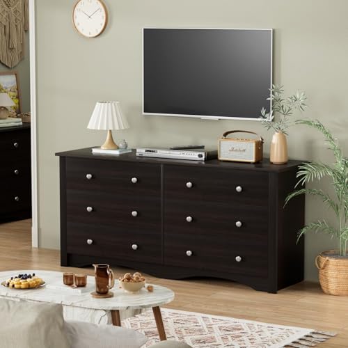 YESHOMY Dresser with 6 Drawer, Wood Wide Chest Storage Organizer and TV Stand for Living Room, Hallway, Dormitory, Brown YESHOMY