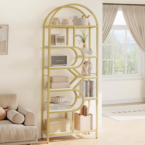 Garvee Bookshelf 6 Tier Arched, Bookcase 82 in Tall Display Racks, Geometric Open Storage Shelf, Book Rack Metal Frame Large Modern Bookshelf for, Living Room, Home, Office, Gold+White Garvee