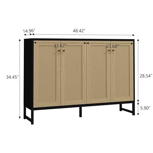 Panana Sideboard Accent Storage Cabinet with Rattan Decorated 4 Doors Dining Room Freestanding Kitchen Buffet Table Cupboard (Black) Panana