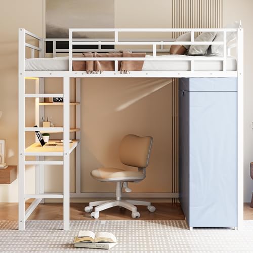 Harper & Bright Designs Loft Bed Full Size with Desk, LED Lights,Charging Station, Full Metal Loft Bed Frame with Wardrobe & Storage Shelve, 12.4" H Safety Guardrail, No Box Spring Needed,White Harper & Bright Designs