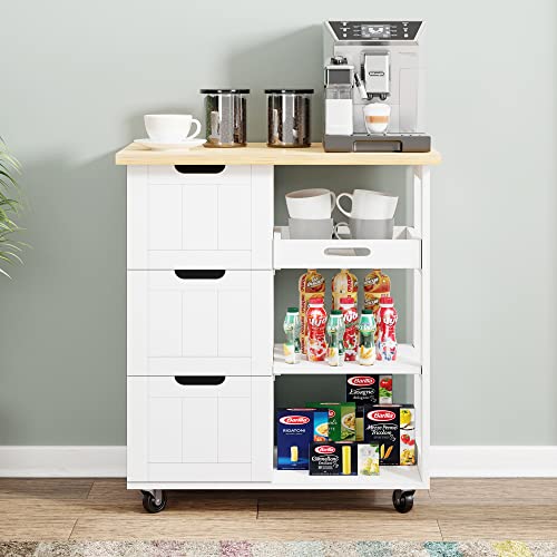 Shintenchi Kitchen Island Cart with Storage,Rolling Kitchen Island Storage Cabinet,Side Table on Wheels with Worktop,3 Open Shelves and 3 Drawers for Kitchen,Dinning Room, White Shintenchi