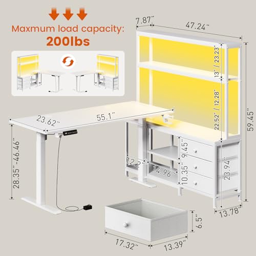 REAHOME 65" L Shaped Standing Desk with Storage, Height Adjustable Electric Sit Stand Up Desk with Hutch & Drawers, Charging Station, LED Light, Cable Management, Home Office Desk, White REAHOME