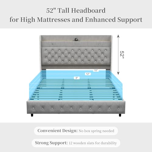 Queen Led Bed Frame with Galaxy Aurora Star Projector, Queen Platform Bed with Charging Station, 52" Upholstered Hidden Storage Headboard with Wingback, Noise Free, No Box Spring Needed, Velvet Gray SIBEDS