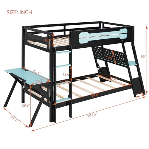 SOFTSEA Gaming Bunk Bed with Desk, Storage, Pegboard & Charging Station, Twin Over Twin Wood Bunk Bed with 2 Desks for Kids Teens & Adults, Space Saving, Black & Blue SOFTSEA