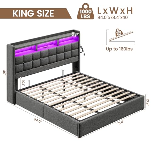 Driftalia Lift Up King Size Bed Frame with Storage, Upholstered King Bed Frame with Charging Station and LED Lights Headboard, No Box Spring Needed, Easy Assembly - Dark Grey Driftalia