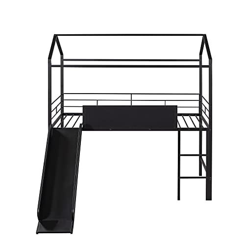 Bellemave Twin Metal Loft Bed with Fence and Two-Sided writable Chalkboard, Twin Size Metal House Bed with Slide and Ladder,for Bedroom Dorm,for Kids, Boys, Girls, Teens (Black) Bellemave