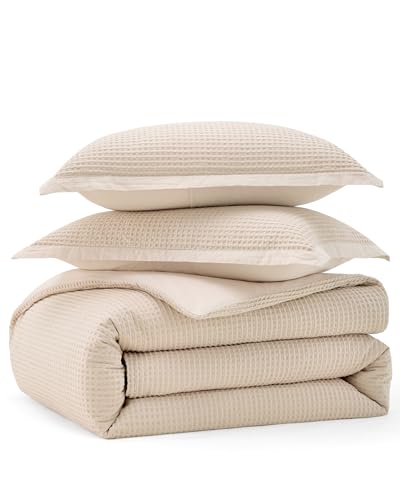Bedsure Cotton Duvet Cover King - 100% Cotton Waffle Weave Beige Duvet Cover King Size, GentleSoft™ and Breathable Bedding Set for All Season, 3 Pieces, 104"x90" Bedsure