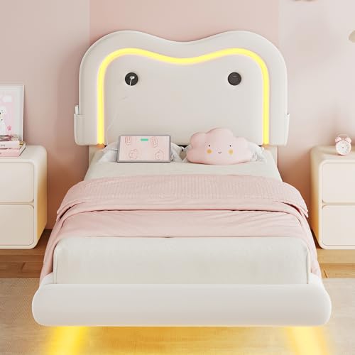 MapleGrace Twin Upholstered Bed Frame with Curved Headboard, Floating Bed Frame with LED Lights and Charging Station, Soft Rounded Corners, No Box Spring Needed, Easy Assembly, White MapleGrace