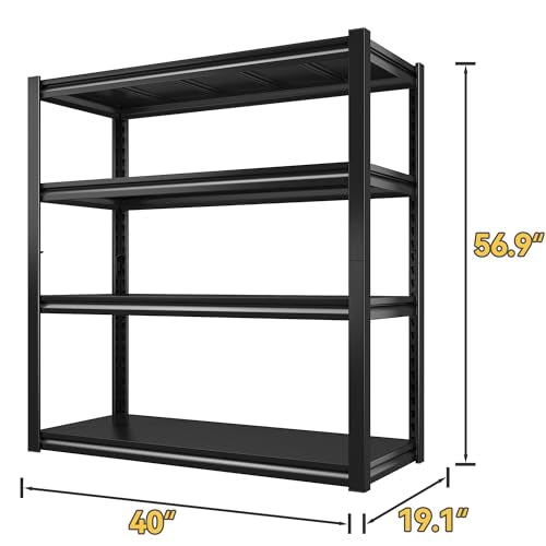 Raybee 40" W Garage Shelving Wide Storage Shelves 4 Tier Metal Shelves for Storage Load 1600LBS Adjustable Heavy Duty Shelving Sturdy Metal Shelving for Pantry Kitchen 40" W x 19.1" D x 56.9" H Raybee