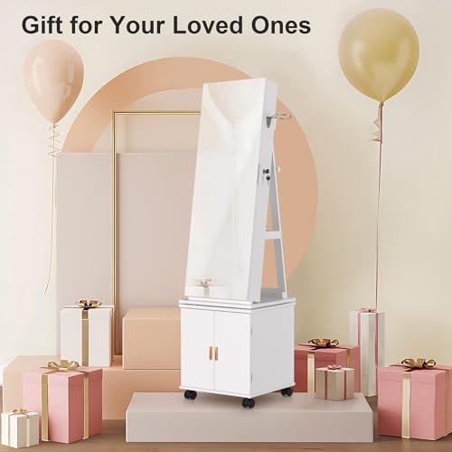 VECELO Jewelry Cabinet Standing Full Length Mirror with Interior LED Lights, 360° Swivel Lockable Jewelry Armoire with Bottom Cabinet Back Storage Shelf and Four Wheels, White VECELO