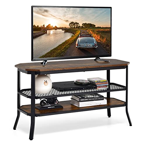 Tangkula TV Stand for TVs up to 46 Inch, 3-Tier Industrial Wooden Console Table with Mesh Grid Storage Shelf, Metal Frame, Rustic Entertainment Center for Living Room (Rustic Brown) Tangkula
