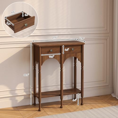 Topbele Console Table with 2 Drawers & Shelf, 28" Mid-Century Modern Entryway Table, Retro 2-Tier Sofa Table, Wooden Accent Table for Living Room, Hallway, Brown Topbele