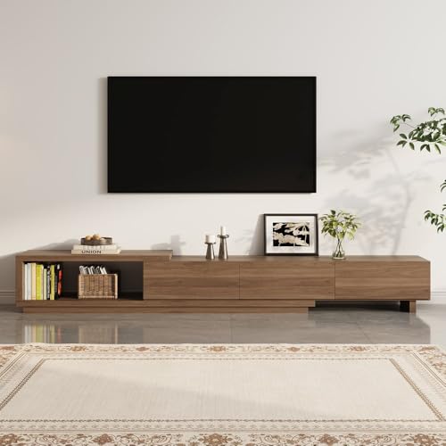 homary Extendable Walnut TV Stand – Modern Media Console with 3 Drawers, Adjustable Length (71"–100") for 80" TV, Living Room Entertainment Storage Cabinet (MDF, Walnut) homary