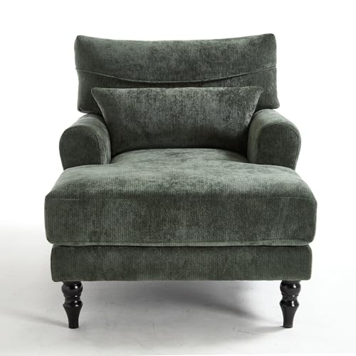 KEIKI Chaise Lounge Chair Indoor, Modern Leisure Sleeper Sofa Chair w/Double Deep Cushion, Accent Upholstered Reading Side Armchair, Recliner Arm Chairs for Living Room & Bedroom, Easy Assembly, Green