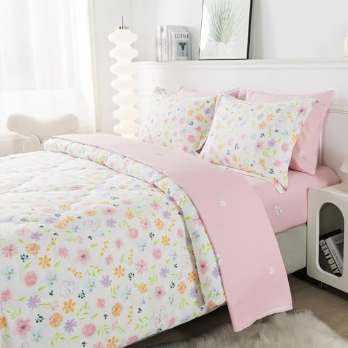 Wajade Floral Comforter Set Bed in A Bag Full Size 7 Piece Botanical Flower Green Leaves Rabbits Bedding Set for Girls (1 Comforter, 1 Flat Sheet, 1 Fitted Sheet, 2 Pillowcase and 2 Pillow Sham) Wajade