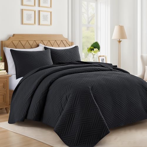 Lavsiry Black Quilt King Size with Striped Pattern, Lightweight Soft Summer Thin Microfiber Bedspread & Coverlet Bedding Set for All Seasons - 3 Piece(1 Quilt, 2 Pillow Shams) Lavsiry