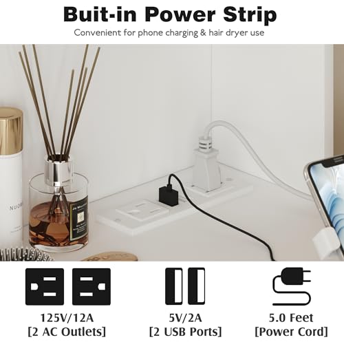 YESHOMY Vanity Desk with Mirror, Power Outlet and 10 Lights, Makeup Table with 7 Drawers, 3 Color Modes Available for Bedroom, Clear White YESHOMY