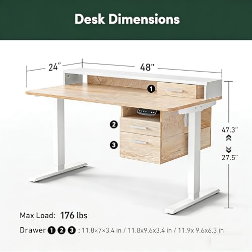 CubiCubi Standing Desk with Wood Drawers, 48" x 24" Electric Height Adjustable Table with Monitor Shelf, 3 Drawers and Open Storage, Computer Home Office Sit and Stand up Workstation, Maple CubiCubi