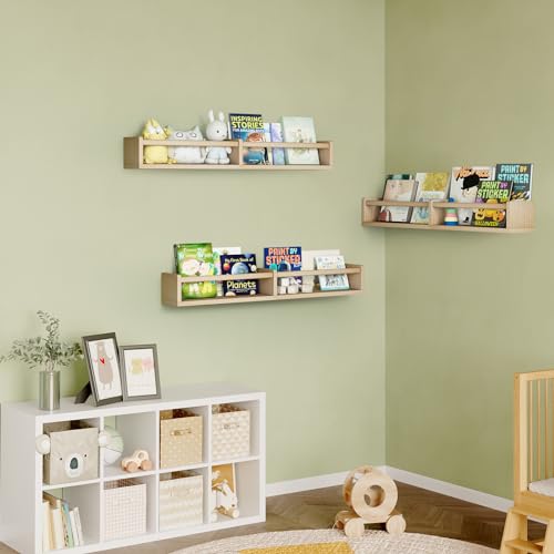 Fixwal Nursery Bookshelves, 32in Floating Bookshelves for Wall Set of 3, Wood Wall Mounted Book Shelves for Baby Nursery Decor, Toys and Decor Storage (Natural Wood) Fixwal