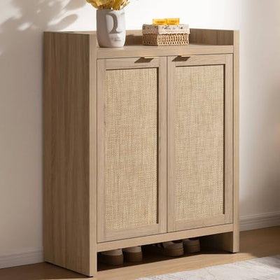SICOTAS Shoe Cabinet, 24 Pair Shoe Storage Organizer Cabinet, 41" Tall Rattan Shoe Cabinet with Doors and Shelves, 6-Tier Farmhouse Boho Wooden Storage Cabinet for Entryway Hallway Closet, Light Oak