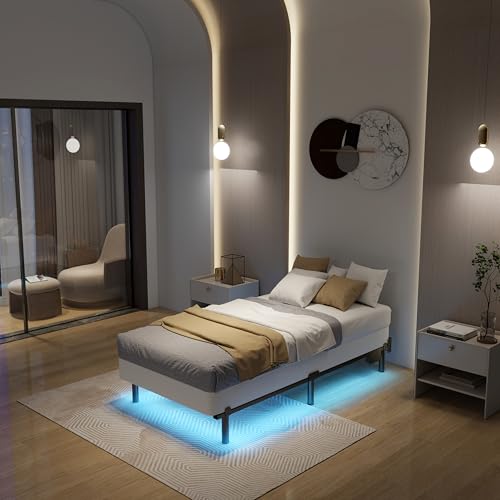 Adjustable Bed Frame with Smart LED Lights & Charging Station,Sturdy Metal Platform Bed Base for Box Spring & Mattress,Headboard Compatible,Length Extendable,Twin/Full/Queen/King Size (7 Inch, Twin) HusDream