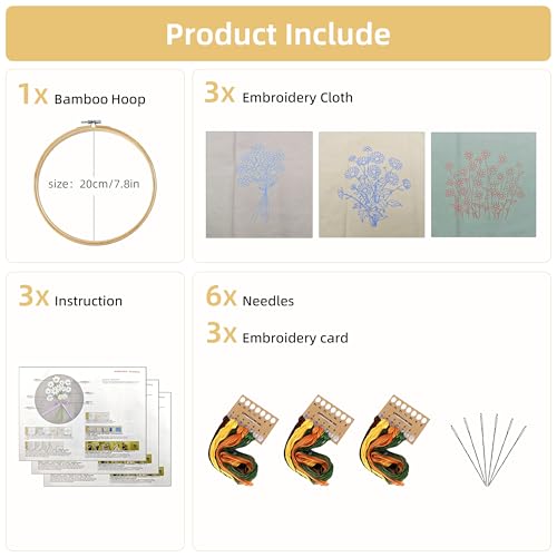KEKEMEOW 3 Sets Embroidery Kit for Beginners, Stitches with Wild Flower Patterns, DIY Cross Stitch Kits for Adults, Needlepoint Hand Embroidery Kit with Stamped Pattern、Instruction、Hoop