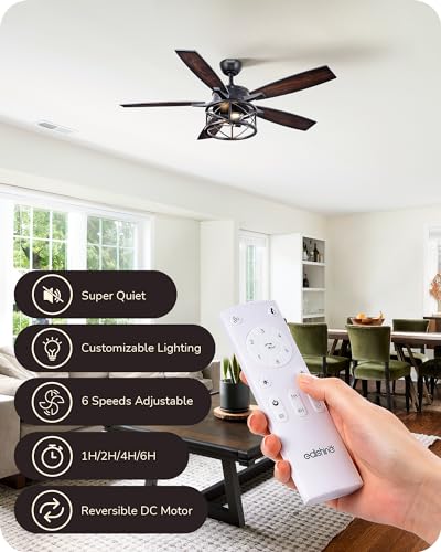 EDISHINE 52 Inch Farmhouse Ceiling Fans With Lights, Rustic Ceiling Fan With Light and Remote, 5 Wood Blades Ceiling Fan with Timer, 6 Speeds Reversible DC Motor for Bedroom, Patio, Porch EDISHINE
