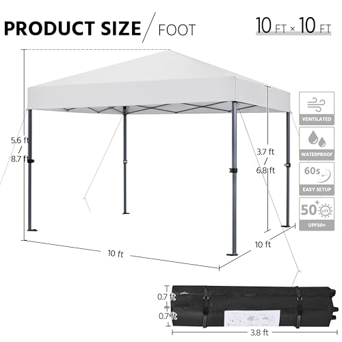 Yaheetech 10x10 1-Person Setup Pop Up Canopy Tent, Instant Portable Commercial Canopy Tent, Outdoor Gazebo with 1-Button Push, Wheeled Bag & 4 Sandbags for Home, Party & Outdoor, Silver-Coated White Yaheetech