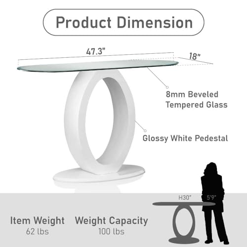 Furniture of America Modine 47" Long Contemporary Console Tables, Modern Furniture, Beveled Tempered Glass, O-Shaped High Gloss Pedestal, for Entryway, Hallway, Living Room, White Furniture of America
