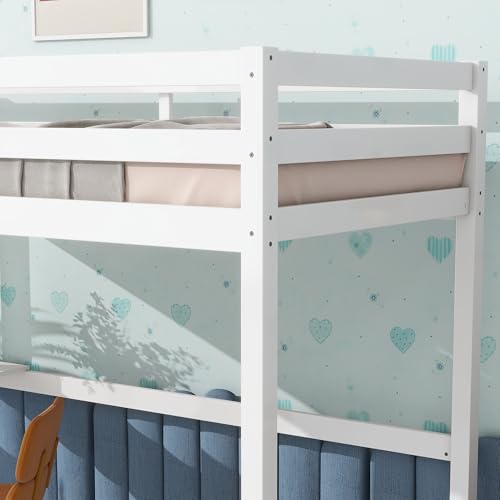 Twin Size High Loft Bed with Built-in Desk,Rubber Wood Loft Beds for Kids with Ladder & Safety Guardrail,Space-Saving Study and Sleep Combination,Wooden Frame for Bedrooms,Easy Assembly,White GDFStudio