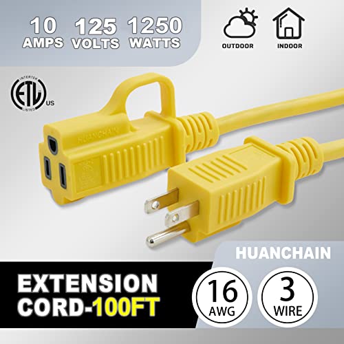 HUANCHAIN Outdoor Extension Cord 100 ft Waterproof, 16/3 Gauge Flexible Cold-Resistant Appliance Extension Cord Outside, 10A 1250W 16AWG SJTW, 3 Prong Heavy Duty Electric Cord Yellow, ETL huanchain