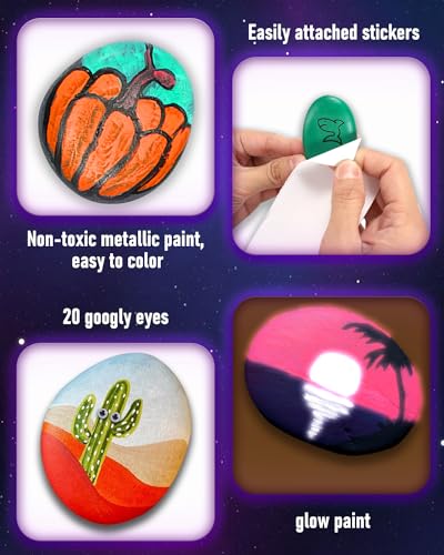 Nicpro 97PCS Rock Painting Kit Glow in The Dark & Metallic, 32 Colors Paint Supplies for Kids Ages 4-12, DIY Art Set 15 River Rocks with Holder, Toy Gift for Boys Girls Birthday Party Activities Nicpro