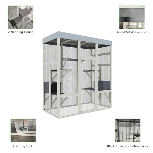 70.1" Gray Wooden Catio Outdoor Pet Enclosure - Spacious Secure Cat House with Waterproof Top, Black Rust-Proof Metal Wire & Small Animal Cage (Gray, 62.60x32.30x70.10) WoodArtSupply