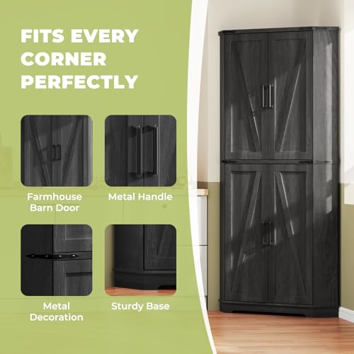 Dripex 71" Corner Cabinet Black, Farmhouse Kitchen Pantry Cabinet with Doors Storage & Adjustable Shelves, Tall Corner Storage Cabinet with LED Light, Food Pantry for Living Room, Dining Room Dripex