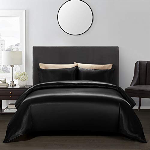 AiMay 3 Piece Satin Duvet Cover Set Bedding Sets Queen Black 1800 Series Luxury Rich Silk Silky Super Soft Solid Color Reversible Zipper Closure Sexy Honeymoon Wrinkle Free (Queen, Black) AiMay