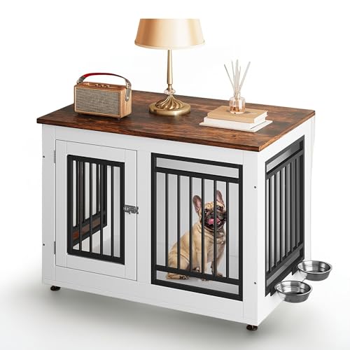 DWVO Dog Crate Furniture with Adjustable Feet & Removable Bowls, 35 Inch Dog Kennel Indoor Furniture End Table for Dogs, Modern Decorative Wooden Cage, Chew-Resistant, White DWVO