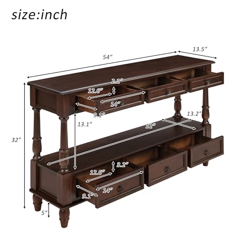 LKTART 54'' Solid Wood Console Table, Farmhouse Entryway Table with 6 Drawers and Shelf, Narrow Long Sofa Table with Storage for Living Room Hallway, Couch, Foyer (Espresso) LKTART