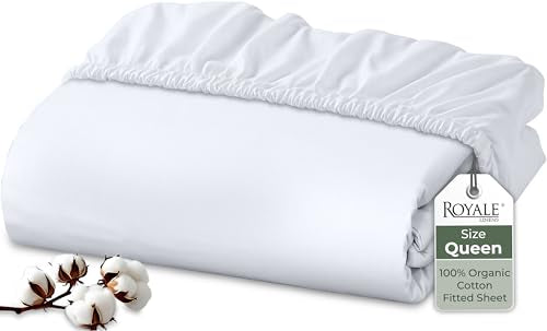 Royale Linens 100% Organic Cotton Fitted Sheet - Percale Weave - Super Soft Deep Pocket Bottom Sheets - White Elastic Sheet Queen Size - Queen Fitted Sheets Only - (60"x80"+15", White) ROYALE LINENS