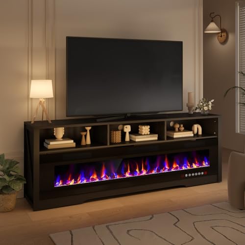 PRETZI 65" Fireplace TV Stand with 60" Glass Electric Fireplace for TVs Up to 75 inch, Modern Fireplace Entertainment Center with Open Storage Shelf, Media Console TV Cabiet for Living Room, Black PRETZI