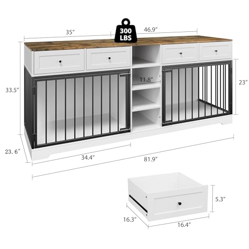 GarveeHome 82" Double Dog Crate Furniture, Large Dog Kennel Indoor for 2 Dogs, Heavy Duty Wooden Dog Crate TV Stand with 4 Drawers and Shelves, White/Brown GarveeHome