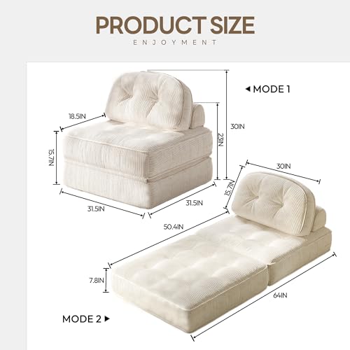 Dowinx Folding Sofa Bed with Pillow, Convertible Comfy Couch Bed for Adults Home Lounge and Gaming, Modern Comfortable Design for Apartment Living Room Bedroom, Single, Ribbed Velvet, White Dowinx