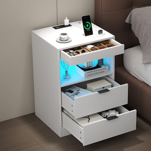 Yusong Night Stand with Gun Drawer & Invisible Lock, Bedside Table, LED Nightstand with Charging Station, Modern Night Stand, Wood Sofa Couch End Side Table with 2 Pull-Out Shelf, White Yusong