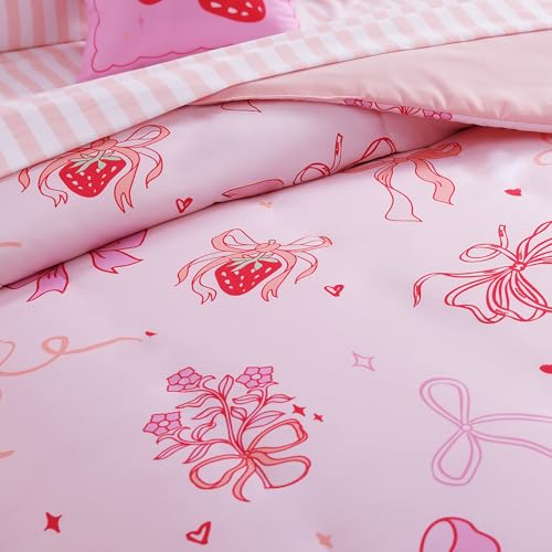 Wink Deer Twin Comforter Set for Girls-5 Pieces Pink Bow Twin Bedding Sets for Kids, Ultra Soft Bed in A Bag with Sheets Wink Deer