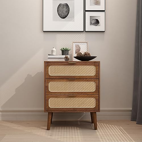 RARZOE Rattan Nightstand Dresser Chest of 3 Drawers, Wood Storage Dresser Cabinet Organizer Unit for Bedroom Living Room Closet Office(Walnut) RARZOE