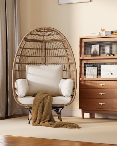 GarveeLife Oversize 360°Swivel Egg Chair Patio Rotating Rattan Egg Basket Lounge Chair, Wicker Egg-Shaped Chair w/Steel Frame Stand and 4 Cushions for Patio, Porch, Backyard, Living Room, Beige GarveeLife