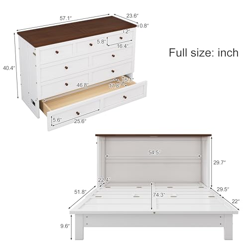 Merax Modern Farmhouse Solid Wood Murphy Cabinet Bed with Storage Drawers, Wall Daybed No Box Spring Needed/Easy Assemble/Full,White+Walnut Merax