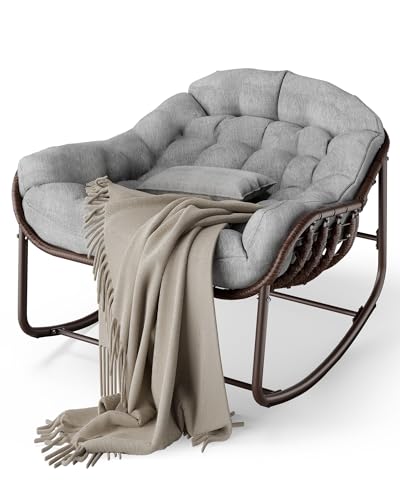 GarveeLife Outdoor Papasan Rocking Chair, Oversized Wicker Lounge Chair with Cushion and Metal Frame, Patio Rattan Egg Rocker for Balcony Backyard Porch Bedroom, Grey