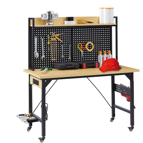 48" Adjustable Height Workbench with Pegboard, Work Benches for Garage, Heavy Duty Wood Top Work Bench with Wheels, 2000 LBS Load Capacity, Rolling Work Table with AC/USB Outlet Storage Shelf Hooks Zevemomo